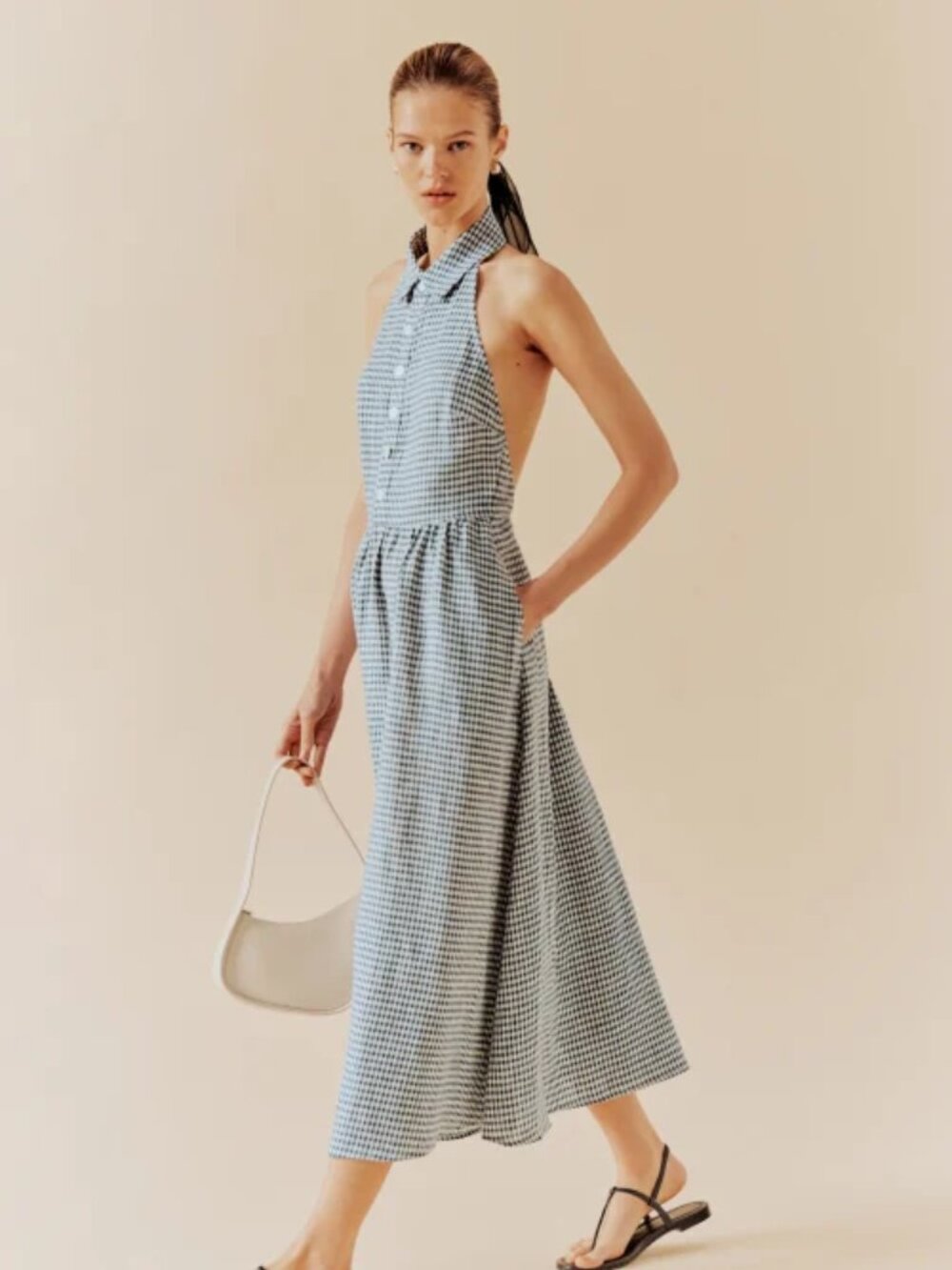 NWT Reformation Tace Linen Dress in Slate Check Navy Open Back Midi Button - Picture 6 of 10
